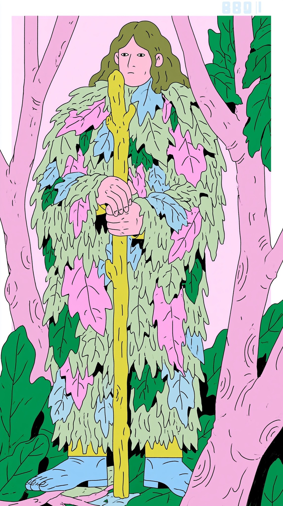 Medieval folk design illustration of a full-body Wild Man...
