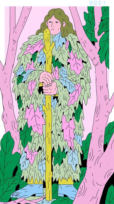 Medieval folk design illustration of a full-body Wild Man...