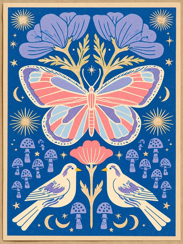 a decorative and symmetrical illustration on a deep blue...