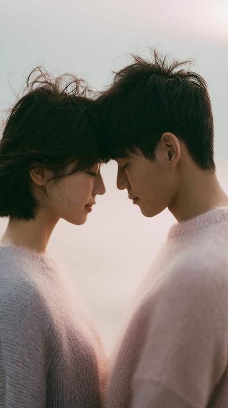 A delicate photograph of a Japanese couple standing face...