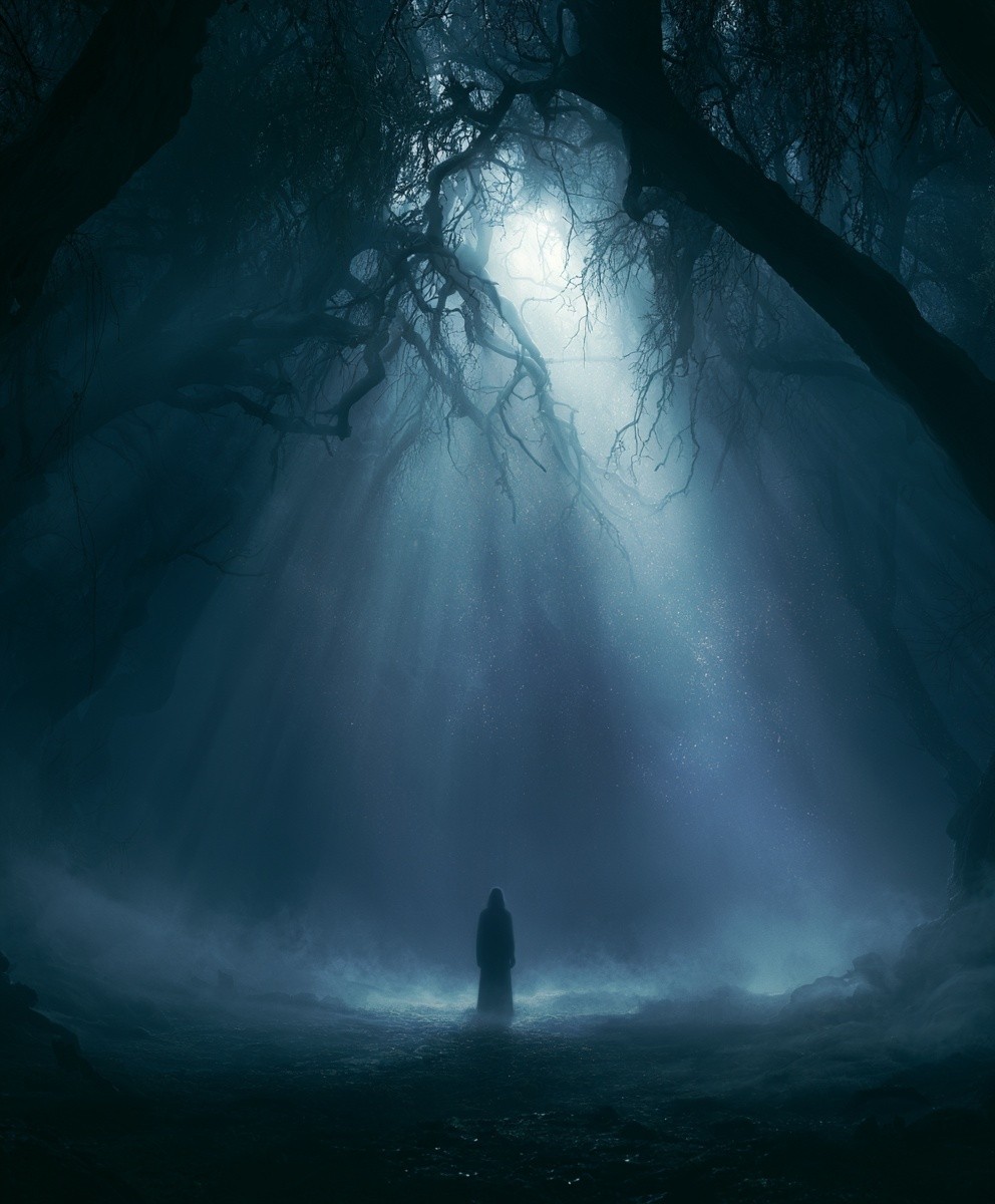 A hauntingly beautiful cinematic scene at twilight a solitary...