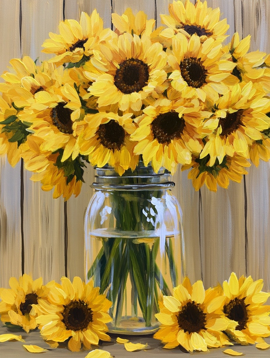 a vibrant painting of a large bouquet of sunflowers...
