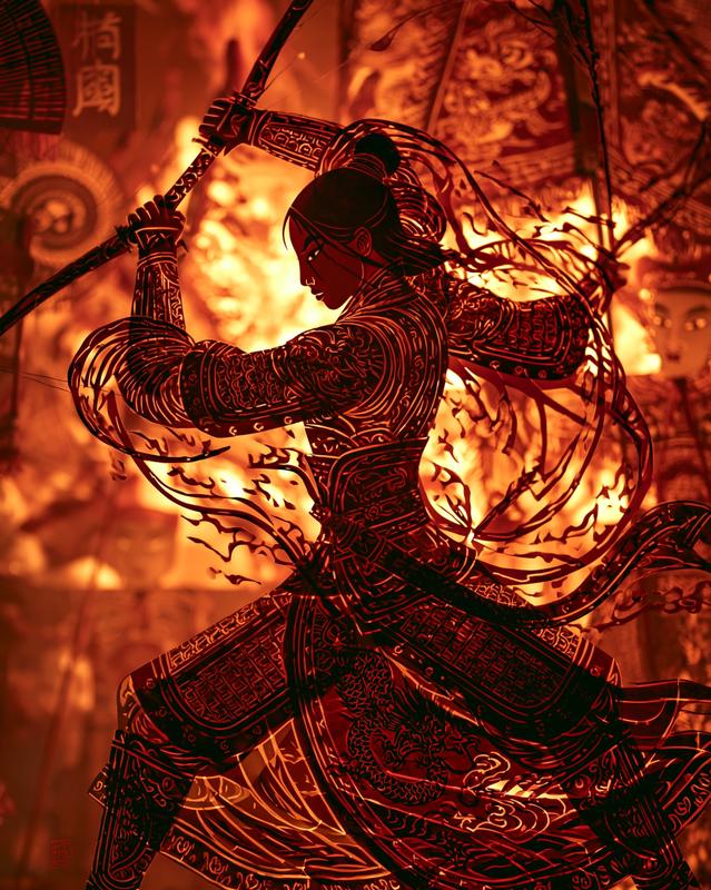 A dramatic Chinese shadow puppetry stage scene featuring Hua...