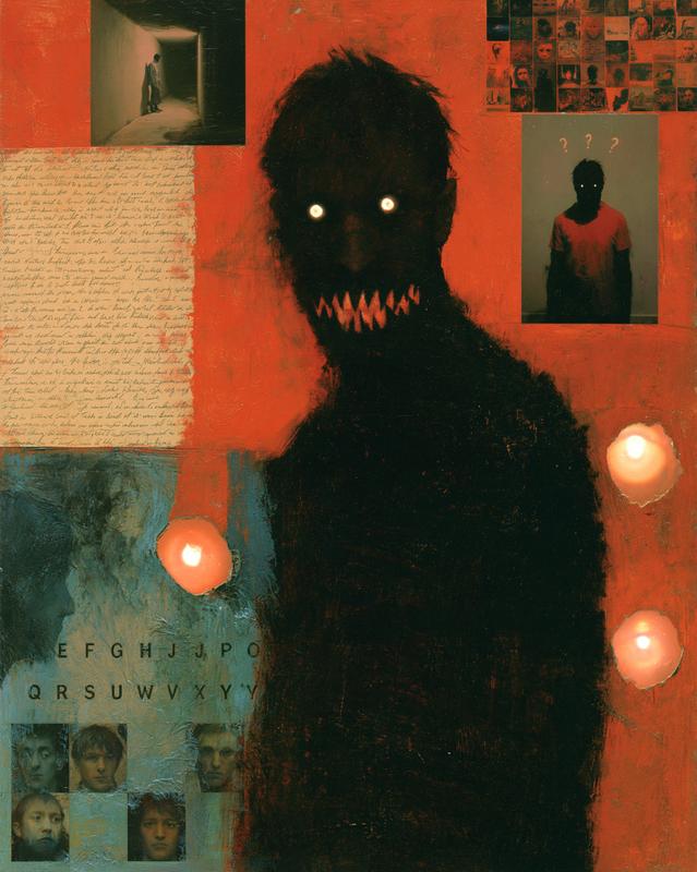 a mixed media collage featuring a dark shadowy figure...
