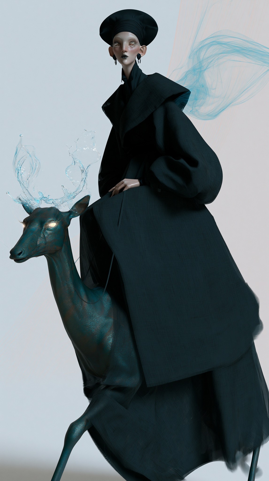 A pale-skinned antracit black supper model rides a deer...