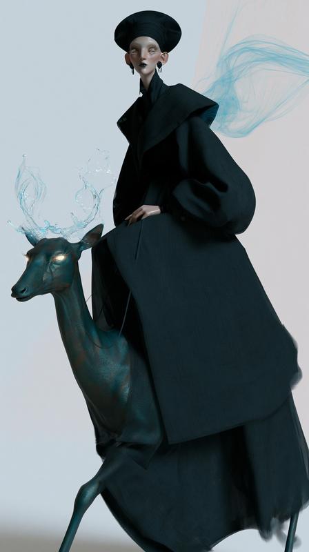 A pale-skinned antracit black supper model rides a deer...