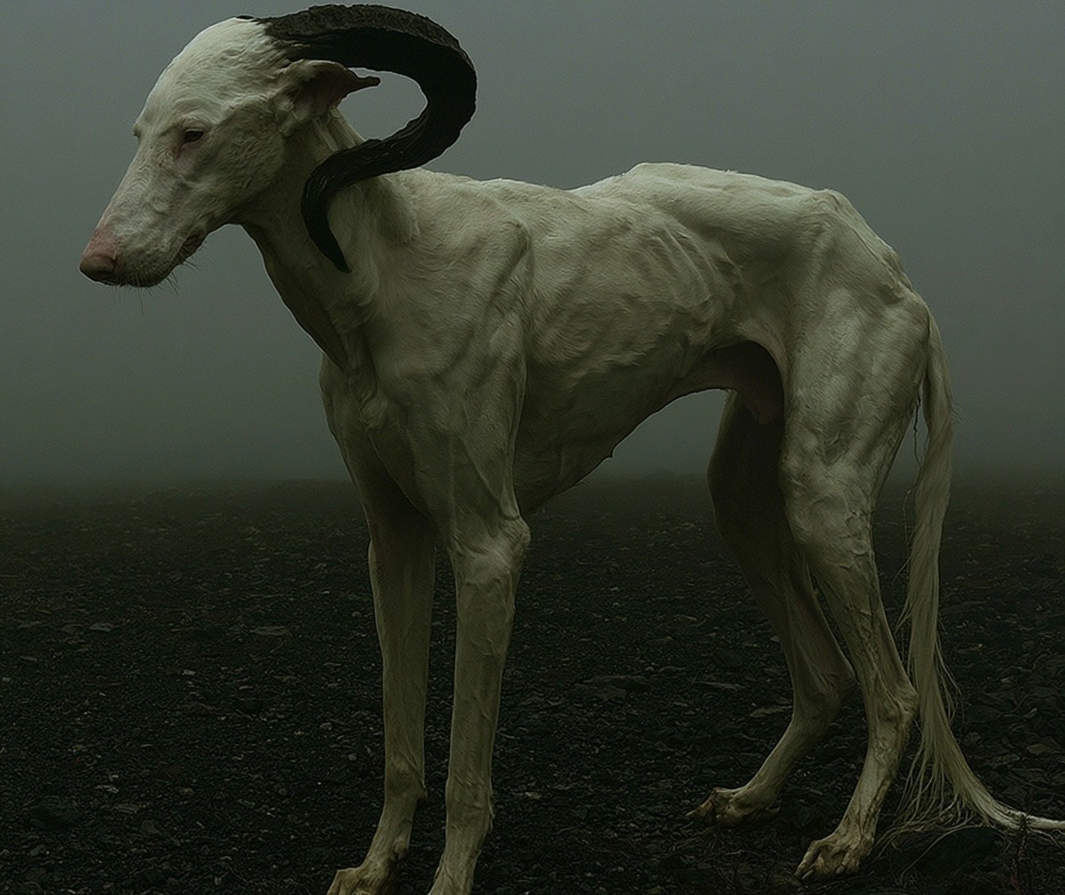 a pale horned quadruped stands on dark rocky ground...