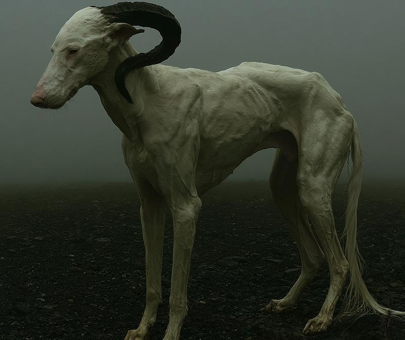a pale horned quadruped stands on dark rocky ground...