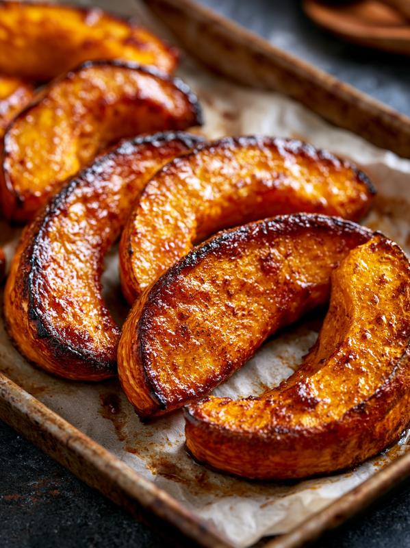 Ultra-realistic food photography roasted hokkaido pumpkin slices with caramelized...