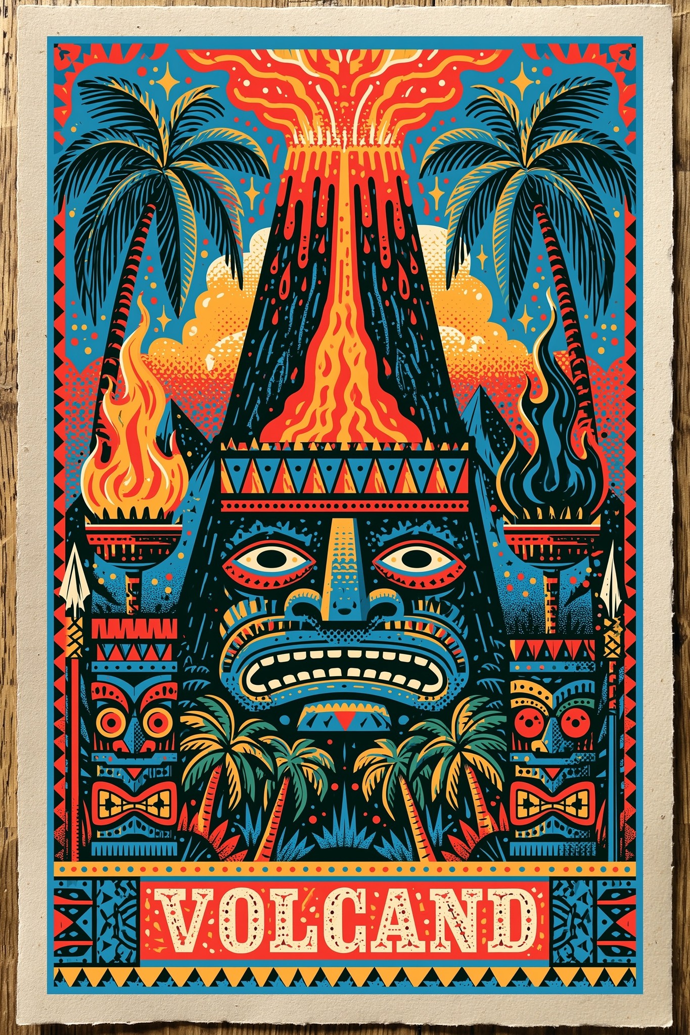 Polynesian style illustrated poster of a volcano god there...