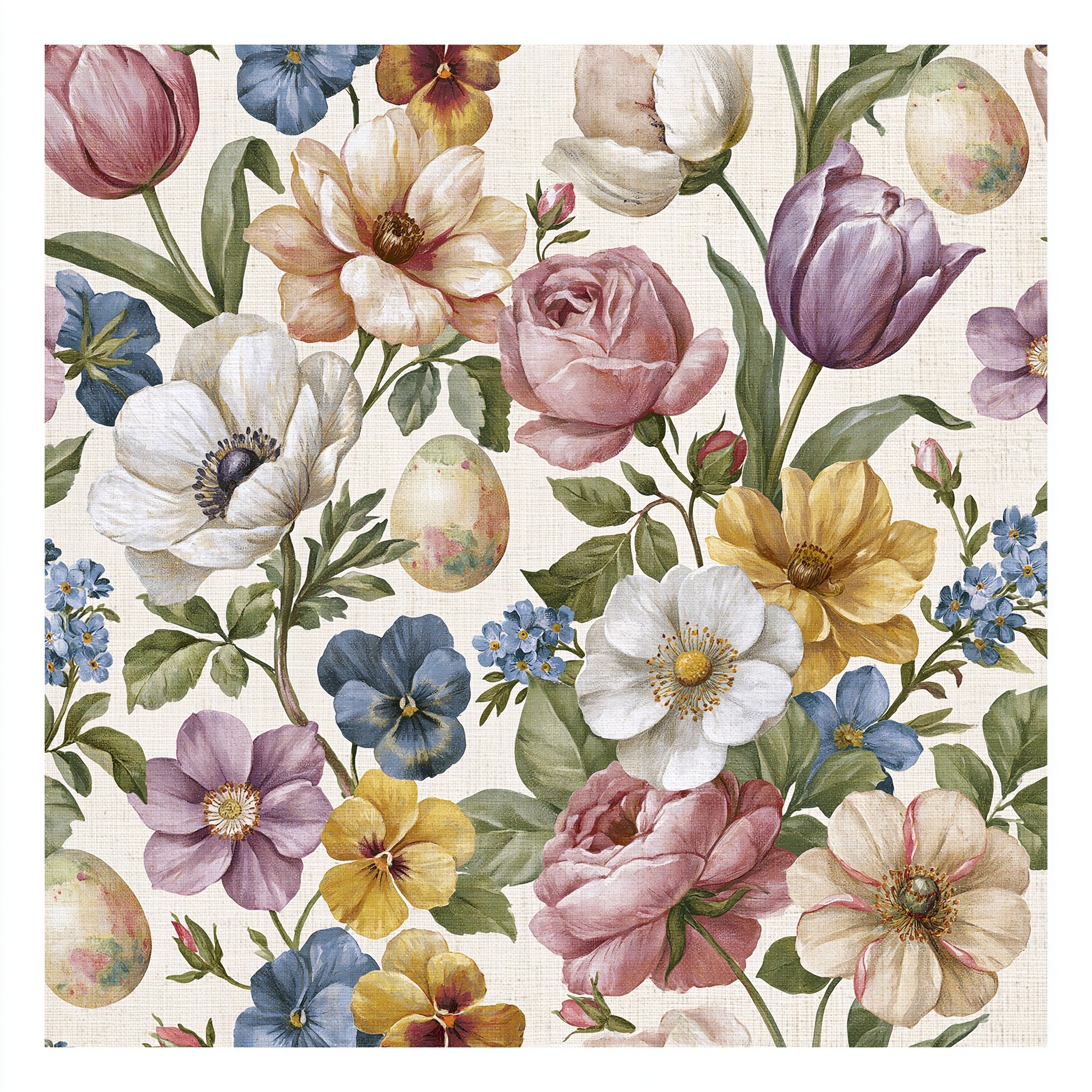 vintage French garden style Easter napkin detailed hand drawn...