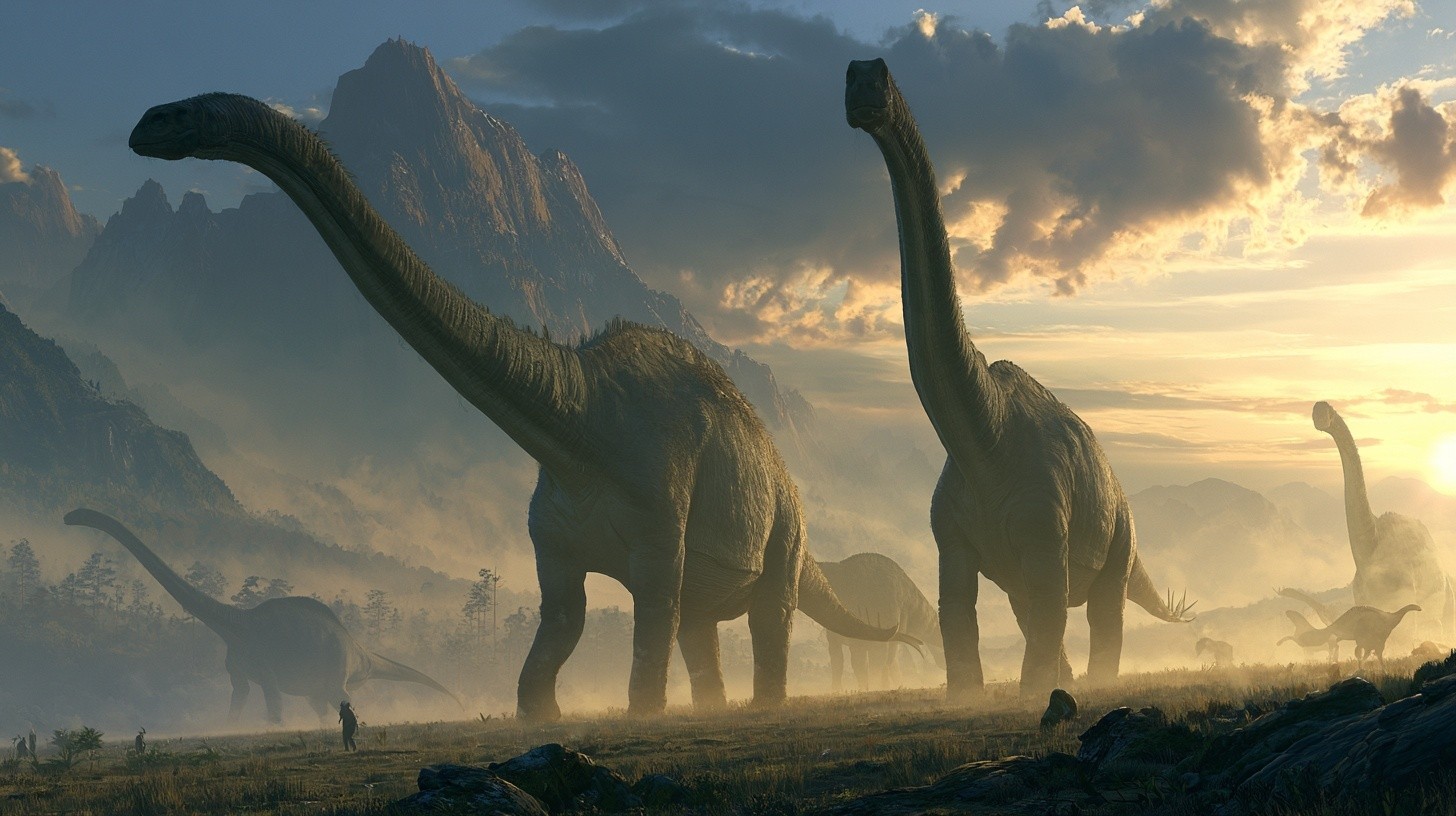 Epic panoramic scene in a Jurassic valley a herd...