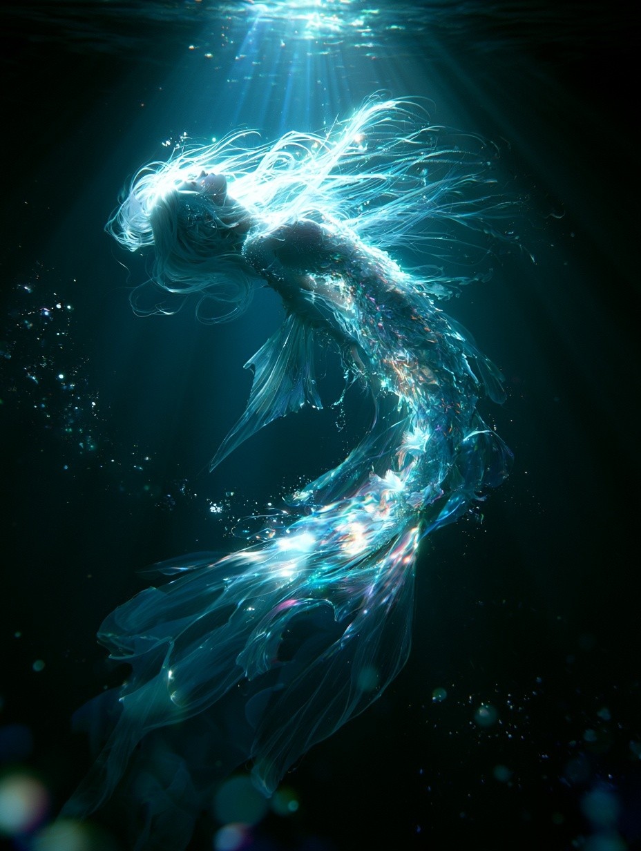 An ethereal mermaid princess floating gracefully in the deep...