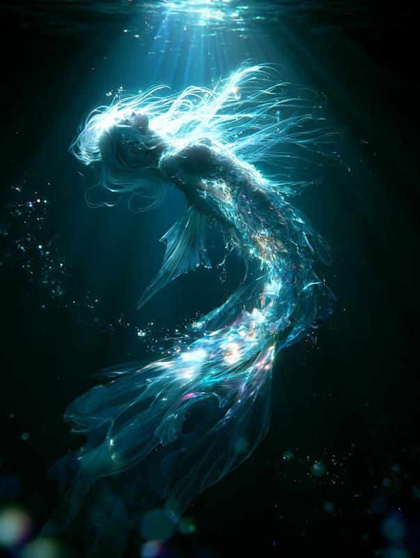An ethereal mermaid princess floating gracefully in the deep...