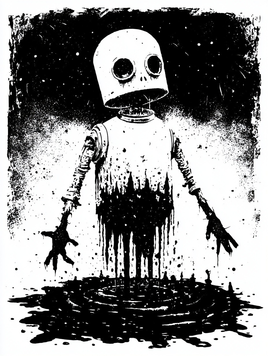 robot fighting man horror sci-fi style black and white...