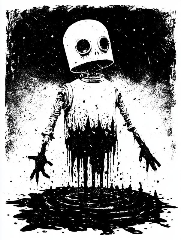 robot fighting man horror sci-fi style black and white...