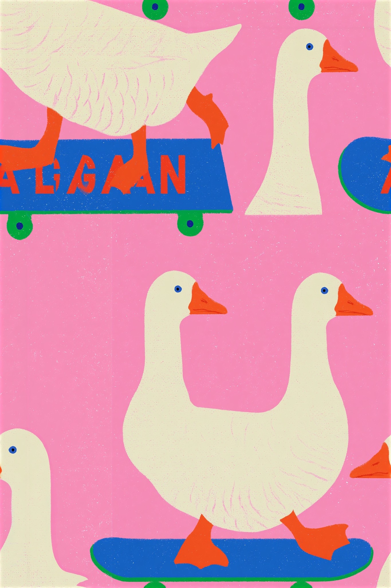 Seamless pattern featuring whimsical white geese standing on blue...