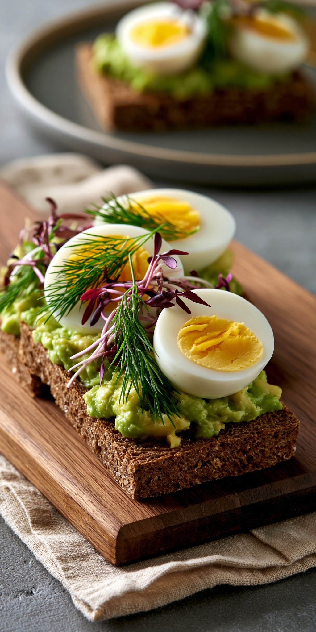 Nordic rye crispbread topped with avocado mash sliced boiled...