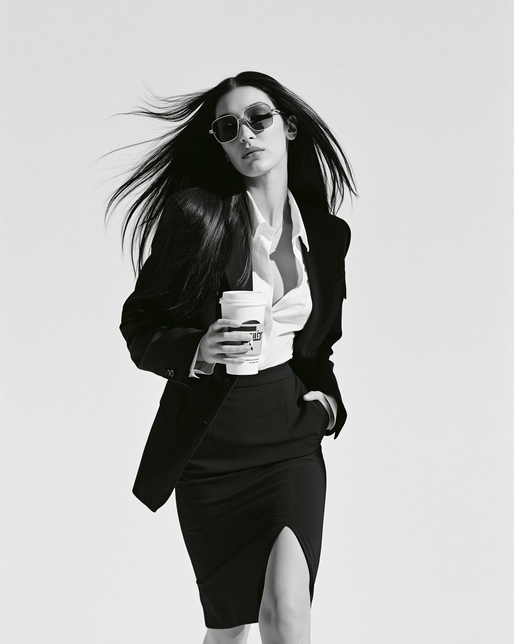 A fashion magazine photo of Bella Hadid wearing a...