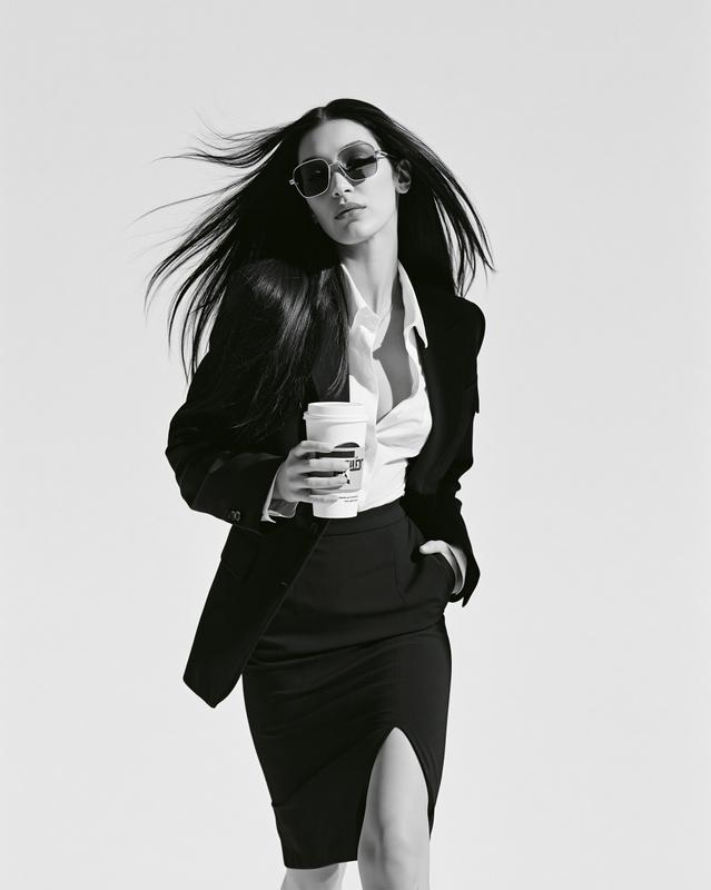 A fashion magazine photo of Bella Hadid wearing a...