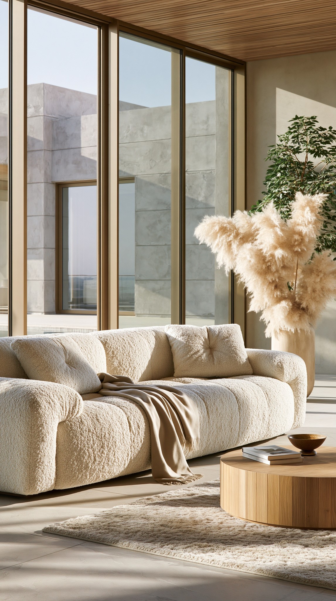 A high-end luxury minimalist sofa in off-white textured bouclé...