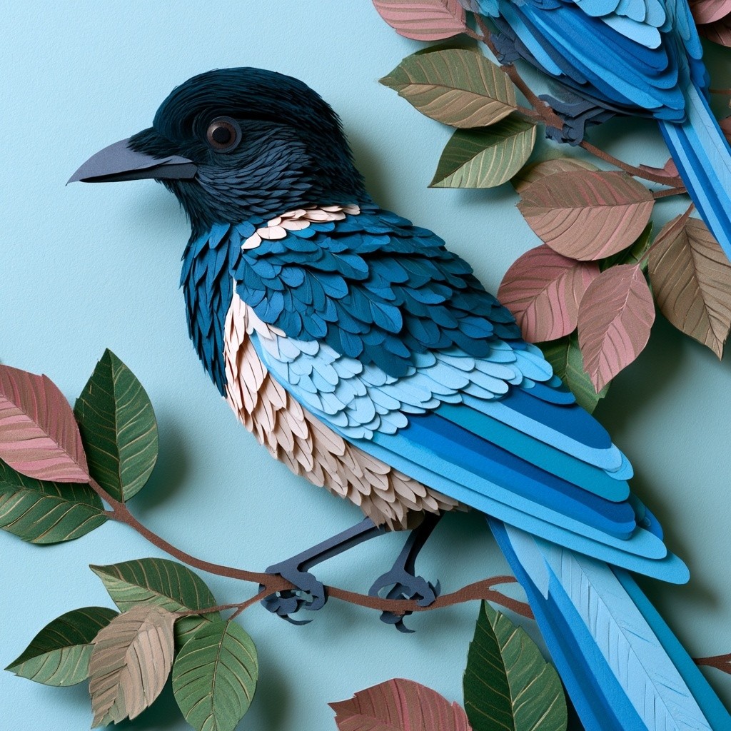 a detailed illustration of azzure-winged magpie birds on branches...