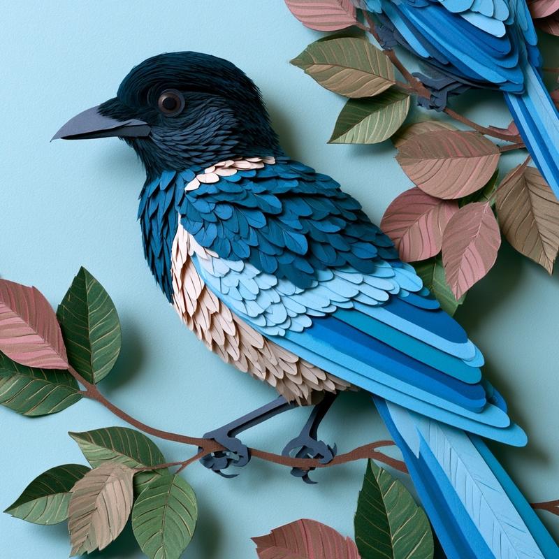 a detailed illustration of azzure-winged magpie birds on branches...