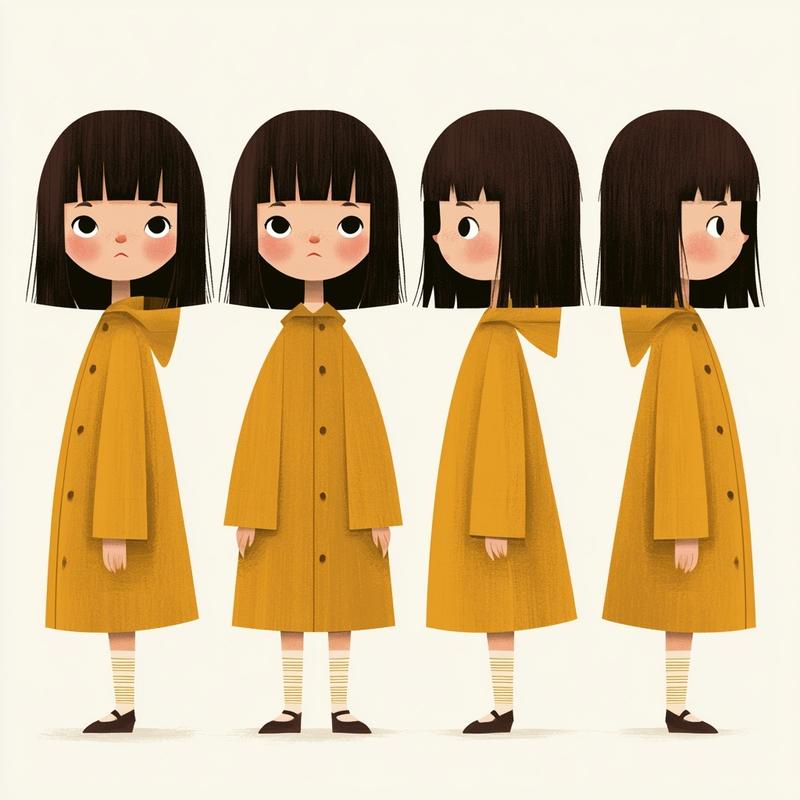 Children's book character design sheet Poppy half asian 5-year-old...