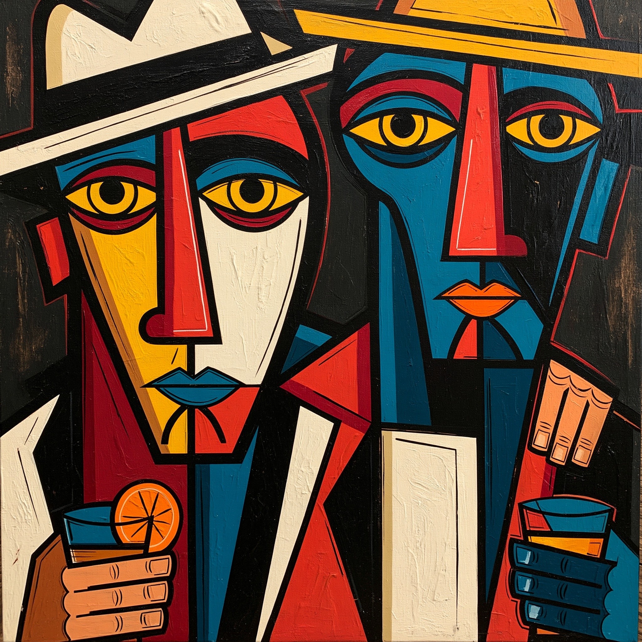 a vibrant cubist painting with a dark background two...