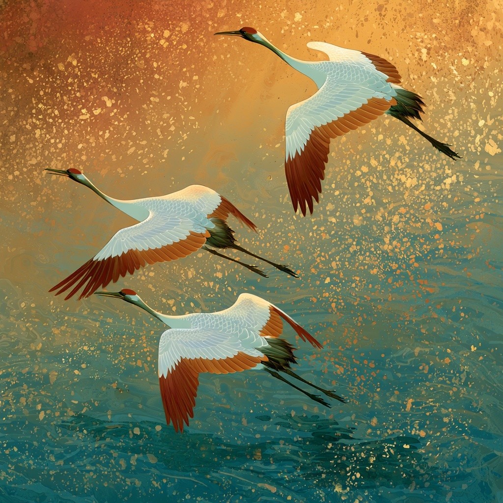white red crowned three crane flying close to the...