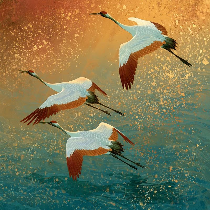 white red crowned three crane flying close to the...