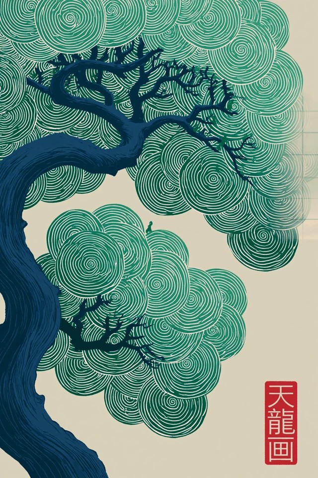 a ukiyo e inspired image displaying a tree with...