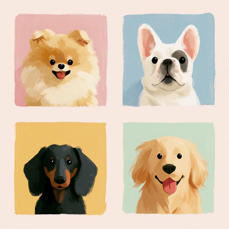 funny flat gouache illustration portrait grid of four dog...