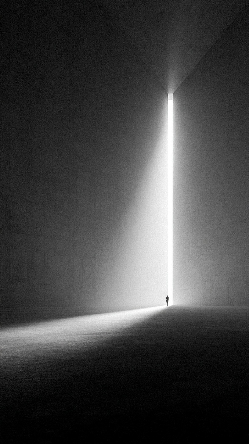An empty expansive concrete room with a single open...