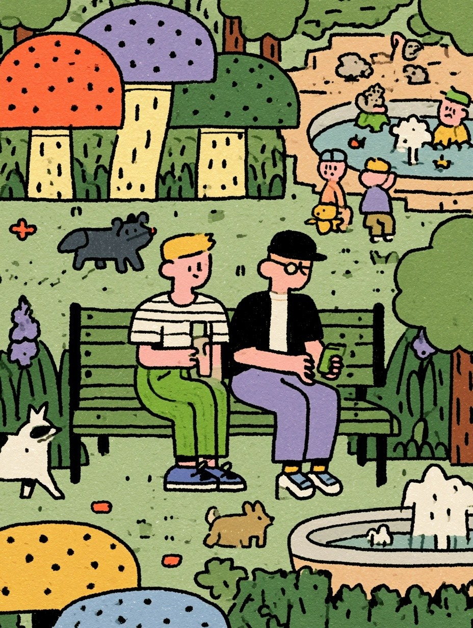 Two men sitting on a park bench Lots of...