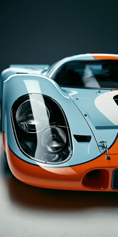 Ultra-realistic close-up of a vintage Gulf-liveried racing car front...