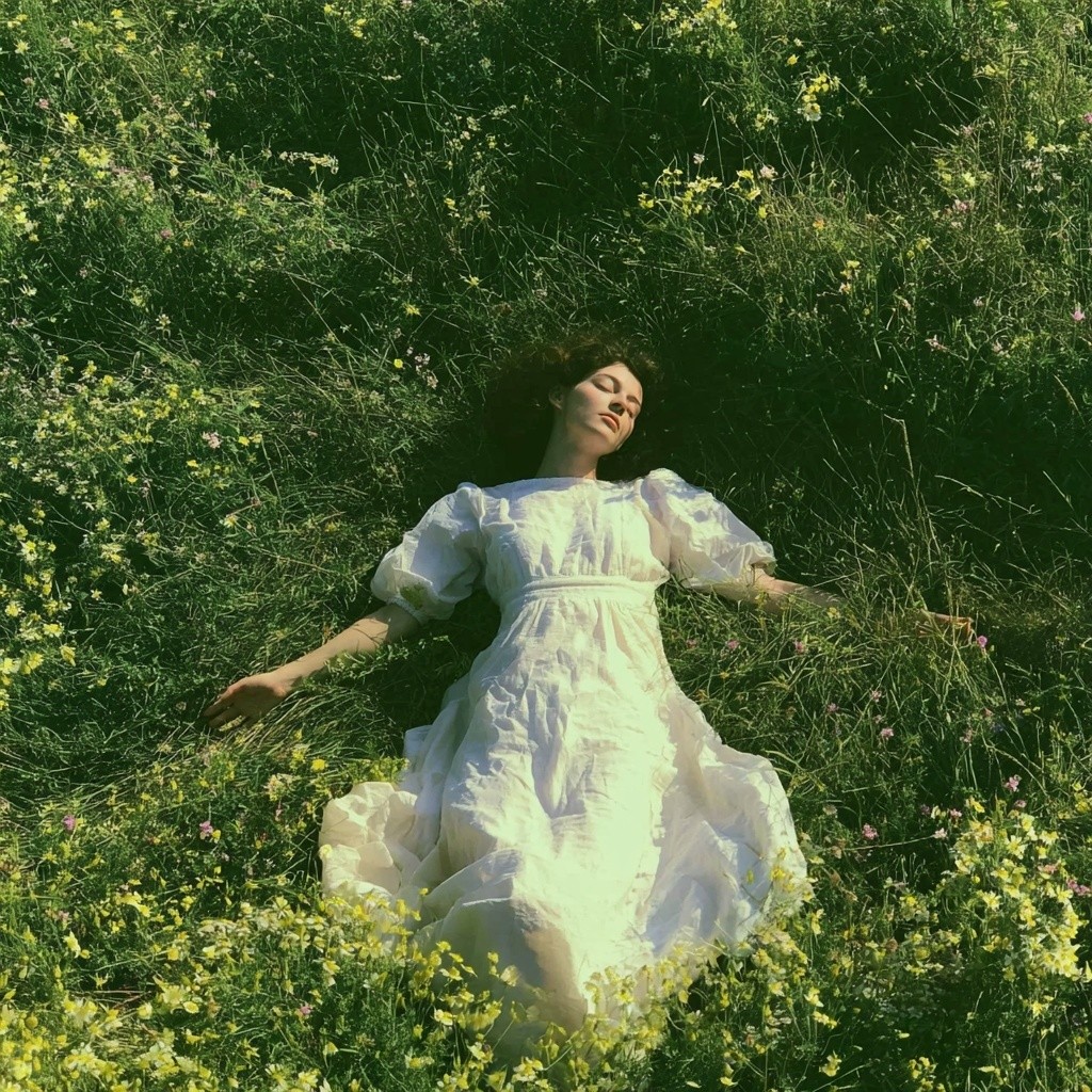 Directly overhead top-down view of a young woman in...