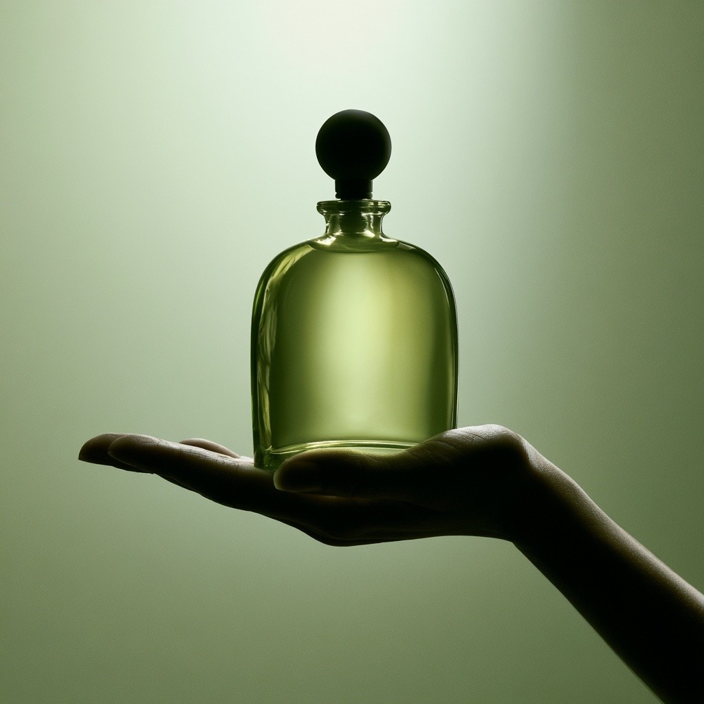 minimalist luxury perfume photography translucent olive-green glass bottle held...