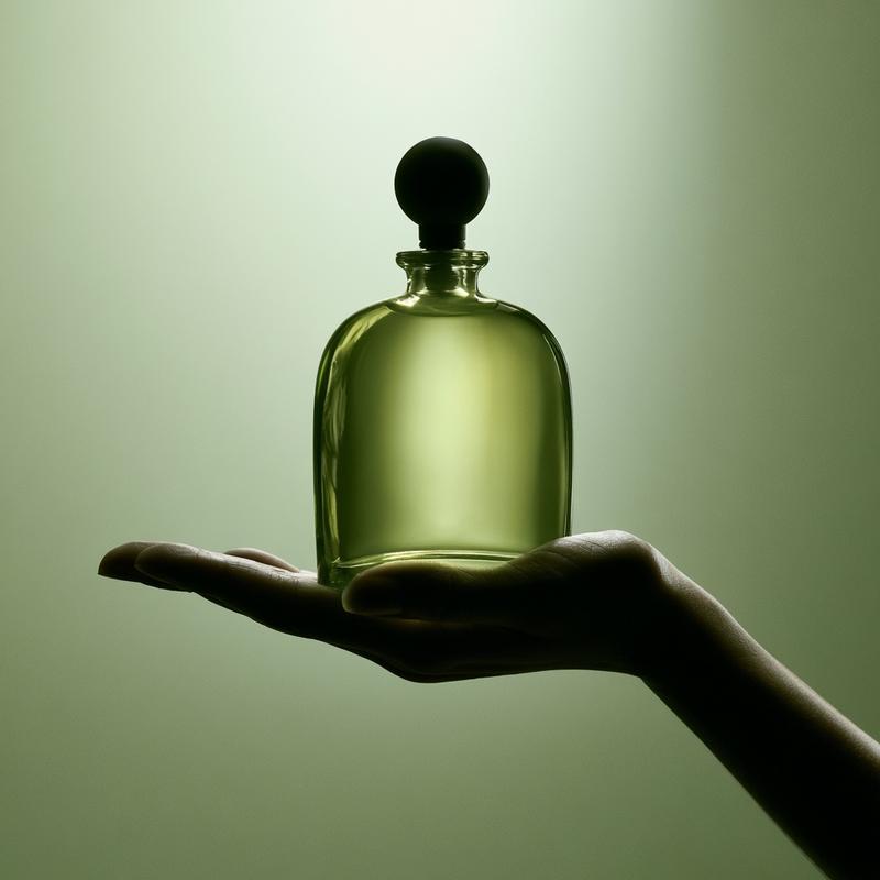 minimalist luxury perfume photography translucent olive-green glass bottle held...