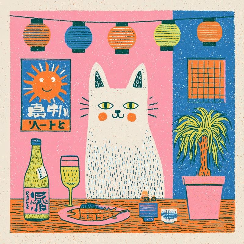 A cute cat running a traditional Japanese izakaya a...