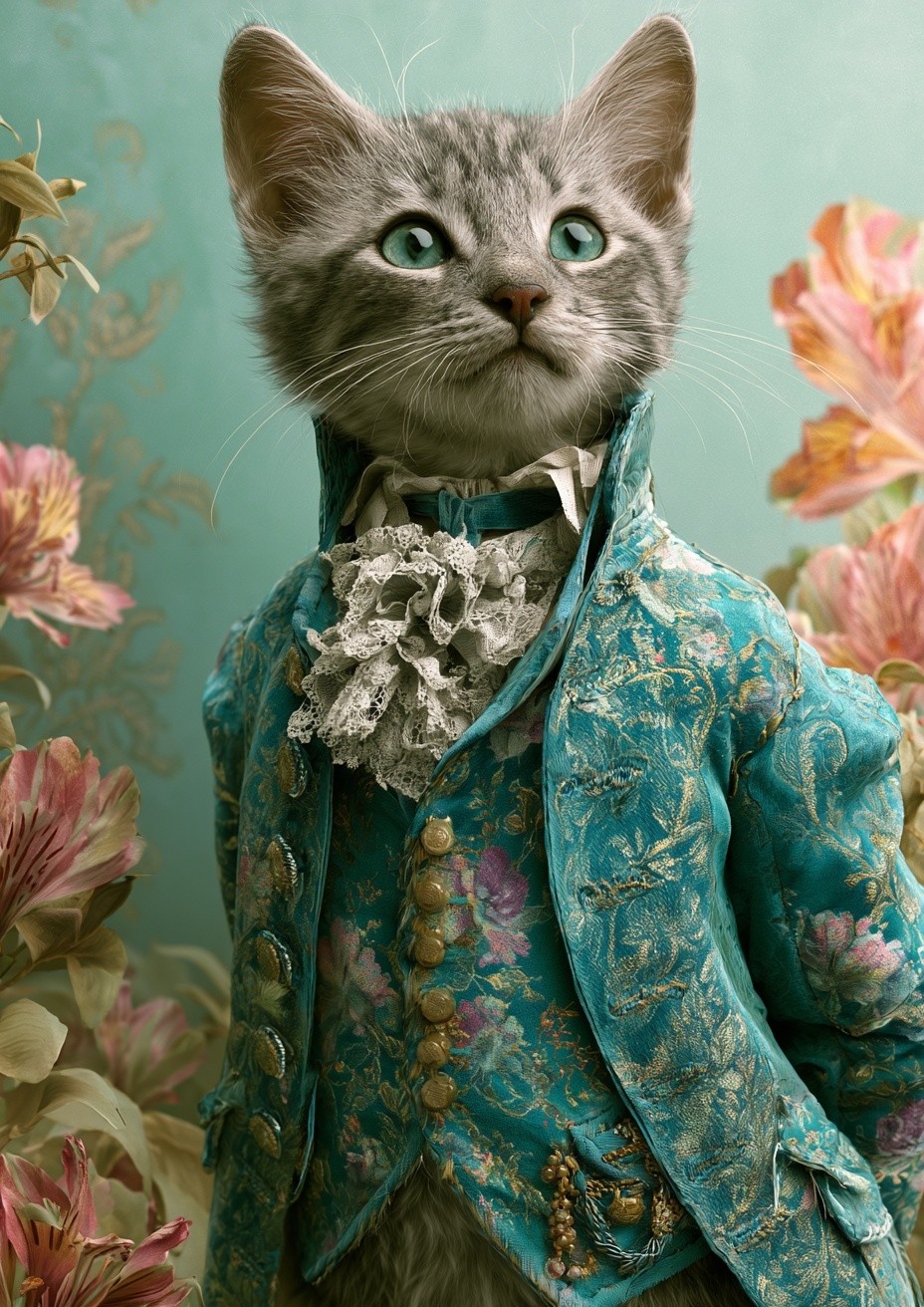 Kitten in realistic count clothes on fairy tale art...
