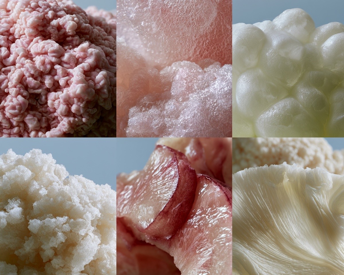 biomorphic fermentation texture microscopic prebiotic ecosystem translucent cellular structures...