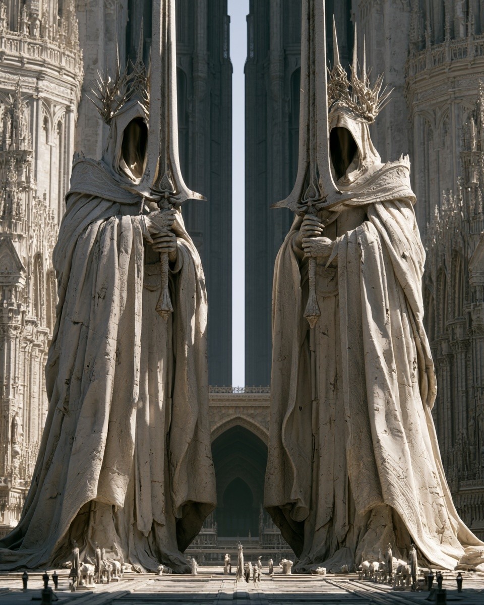 Two colossal corrupted paladin statues facing each other identical...