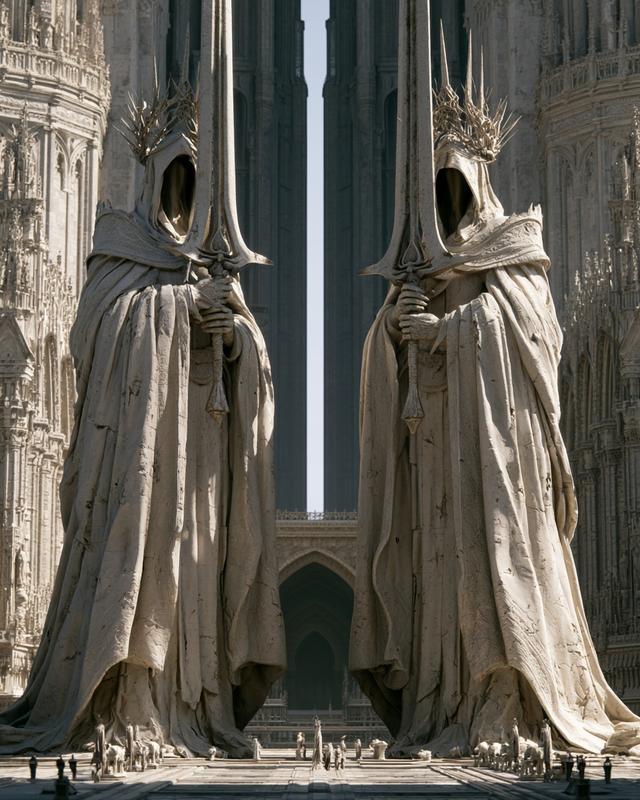 Two colossal corrupted paladin statues facing each other identical...