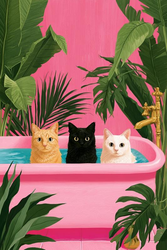 three cats an orange tabby a black cat and...