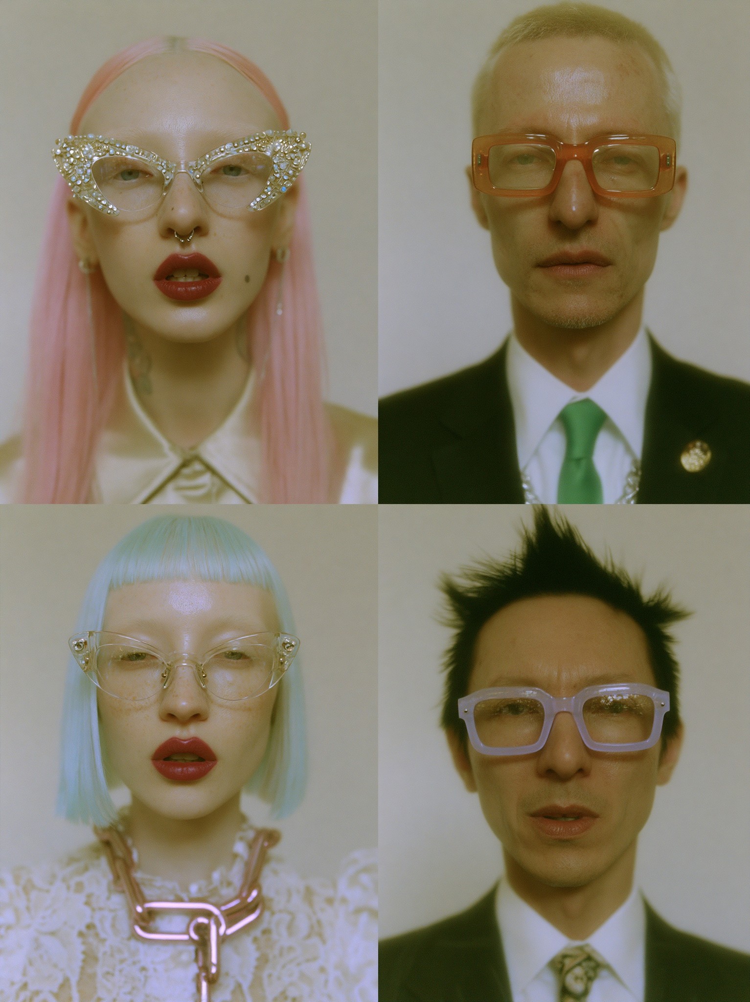 Four individual portraits are arranged in a grid against...