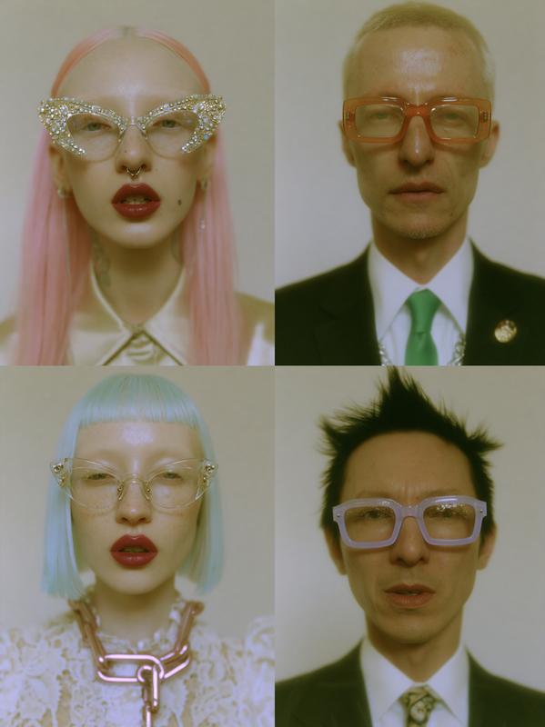 Four individual portraits are arranged in a grid against...