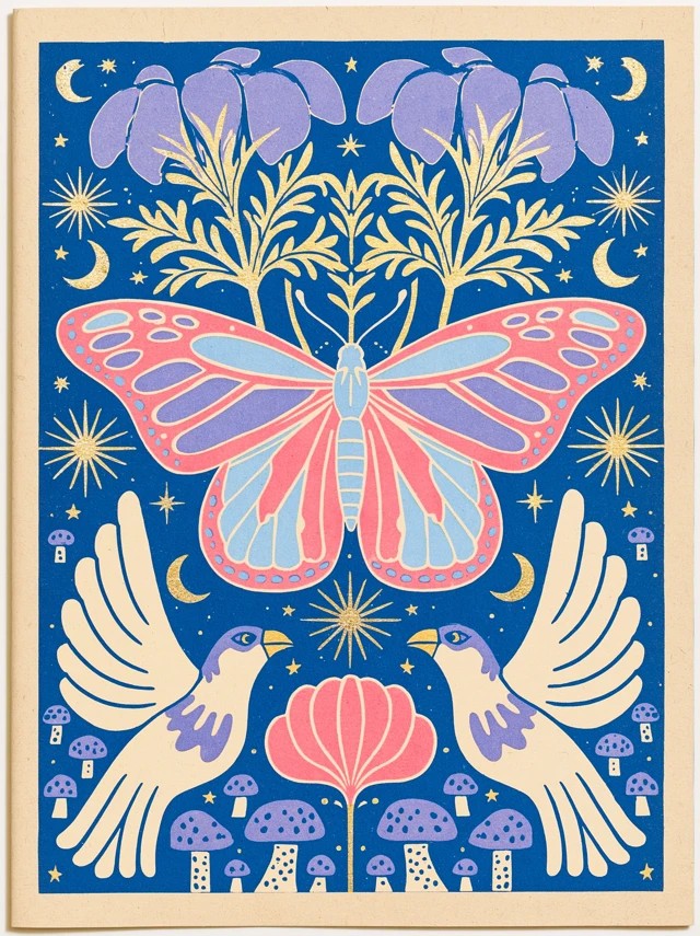 a decorative and symmetrical illustration on a deep blue...