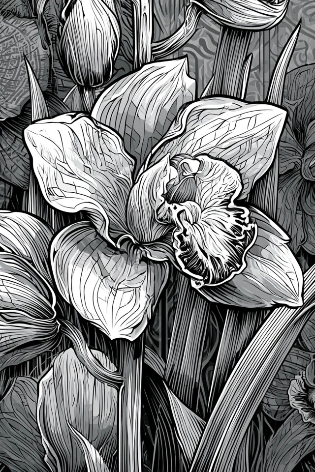 cymbidium orchid flower in the middle of leaves thick...