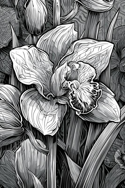 cymbidium orchid flower in the middle of leaves thick...
